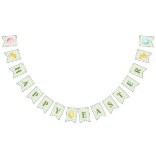 Chick And Pastel Eggs Happy Easter Green Gingham Bunting Flags
