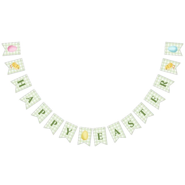 Chick And Pastel Eggs Happy Easter Green Gingham Bunting Flags (All)