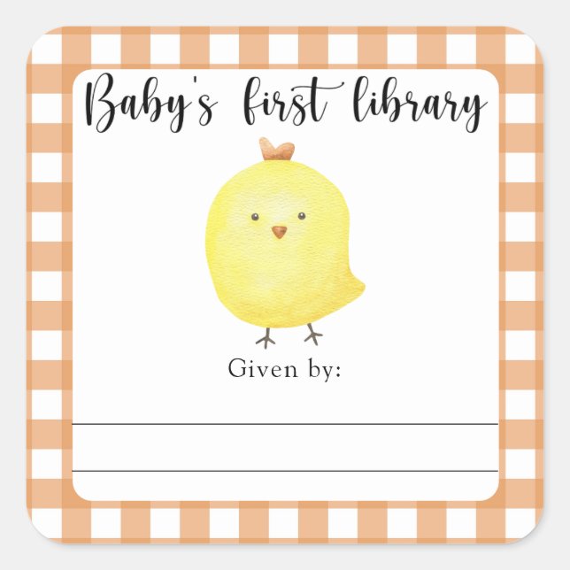 Chick Baby Shower bookplate - baby's first library Square Sticker (Front)