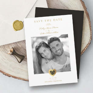 Chick Black & Gold Heart Photo Couple Wedding Save The Date