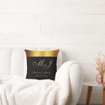 Chick Black Gold Monogram Script Wedding Throw Pillow<br><div class="desc">This chiccustom throw pillow for newlyweds features an elegant faux gold calligraphy script for your monogrammed initials,  names,  and wedding date to personalize on a simple black background with faux gold border. Best of wishes for your wedding and marriage! Designed by Susan Coffey.</div>