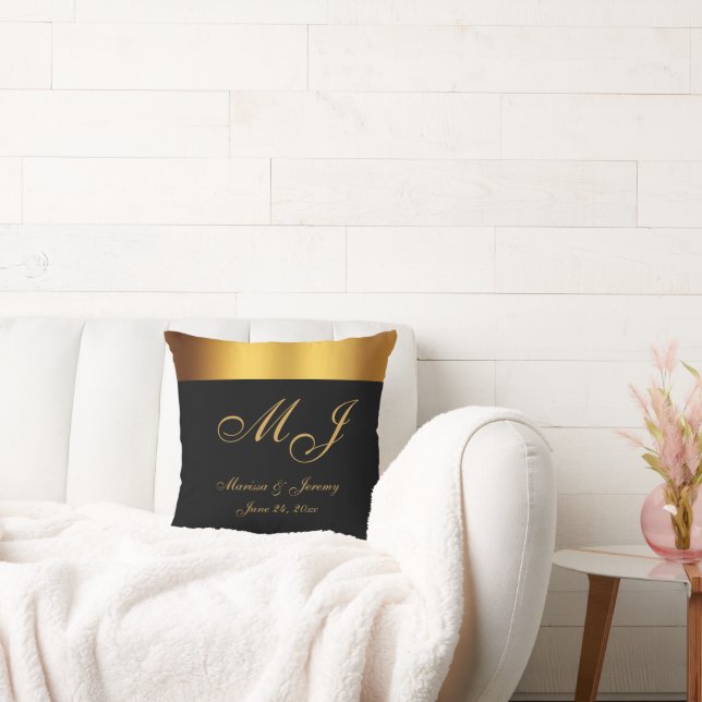 Chick Black Gold Monogram Script Wedding Throw Pillow (Couch)