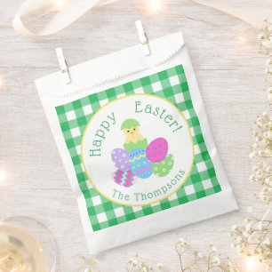 Chick Colored Eggs Green Check Happy Easter Favour Bag