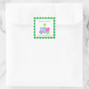 Chick Colored Eggs Green Check Happy Easter Square Sticker