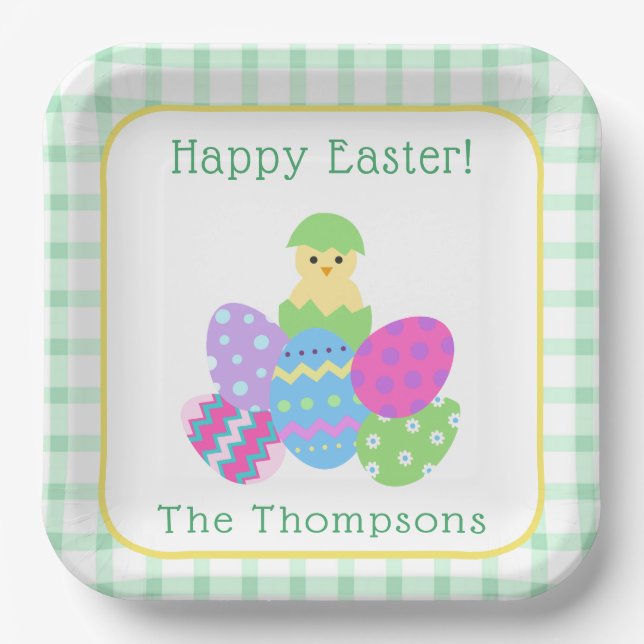 Chick Colored Eggs Happy Easter Paper Plate (Front)
