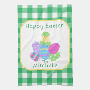 Chick Coloured Eggs Green Check Happy Easter NAME Kitchen Towel