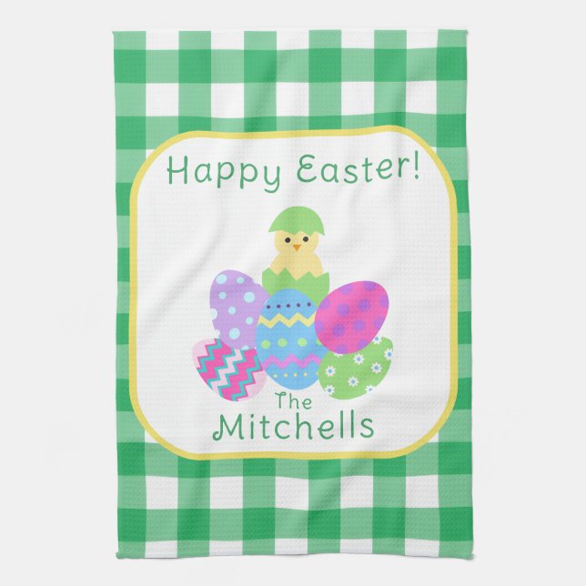 Chick Coloured Eggs Green Check Happy Easter NAME Kitchen Towel (Vertical)