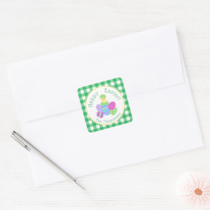 Chick Coloured Eggs Green Check Happy Easter Round Square Sticker