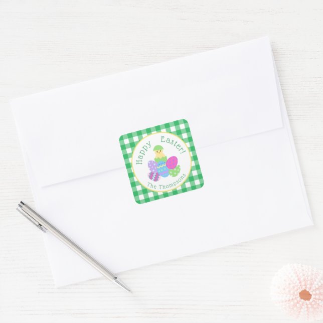 Chick Coloured Eggs Green Check Happy Easter Round Square Sticker (Envelope)