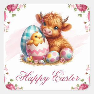 Chick, Cow & Easter Eggs Happy Easter Square Sticker