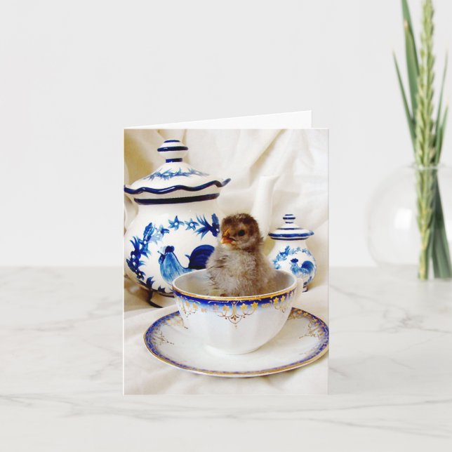 Chick in a teacup oil paint all occasions card (Front)