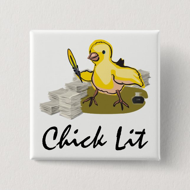 Chick Lit Writer with Paper and Feather Quill 2 Inch Square Button (Front)