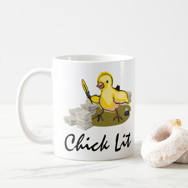 Chick Lit Writer with Paper and Feather Quill Coffee Mug (With Donut)