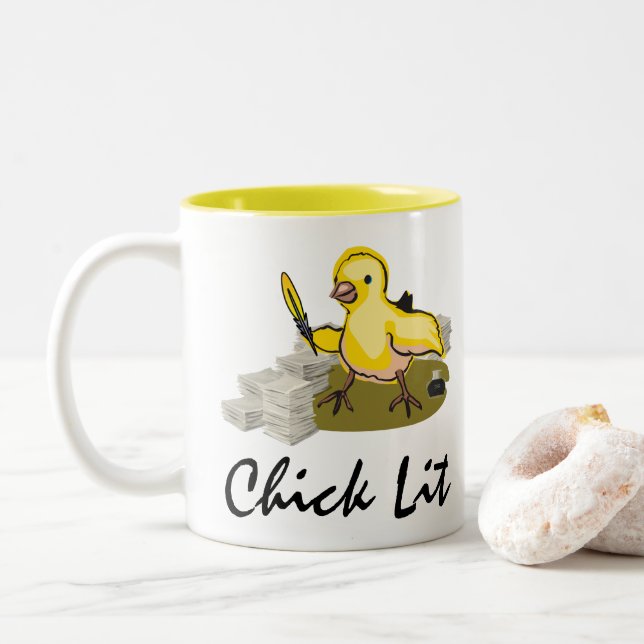 Chick Lit Writer with Paper and Feather Quill Two-Tone Coffee Mug (With Donut)