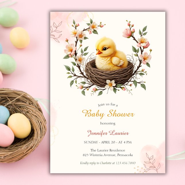 Chick Nest Pink Floral Wreath Easter Baby Shower Invitation (Chick Nest Pink Floral Wreath Easter Baby Shower Invitation)