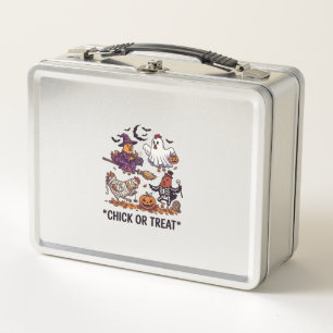 Chick Or Treat Haloween Chickens Witch Ghost Pumpk Metal Lunch Box