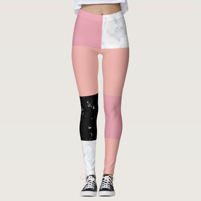 Chick orange pink white black marble colour block leggings (Front)