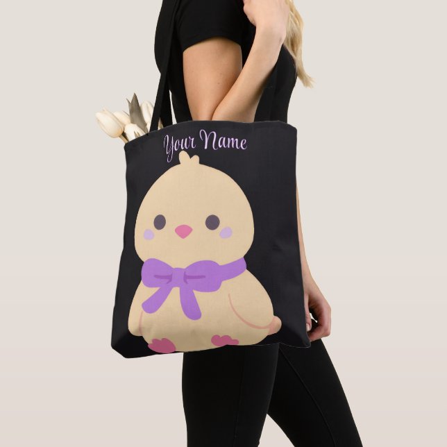 Chick Purple Bow Cute Kawaii Custom black Tote Bag (Close Up)