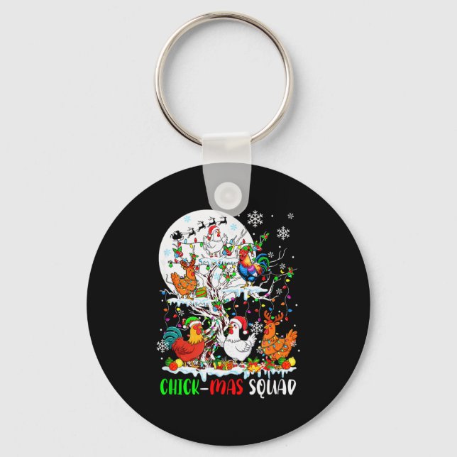Chick Squad Xmas Group Santa Elf Chickens On Tree  Keychain (Front)