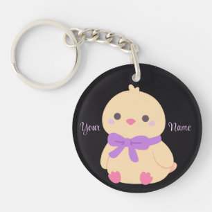 Chick with Purple Bow Cute Kawaii Black Custom Keychain