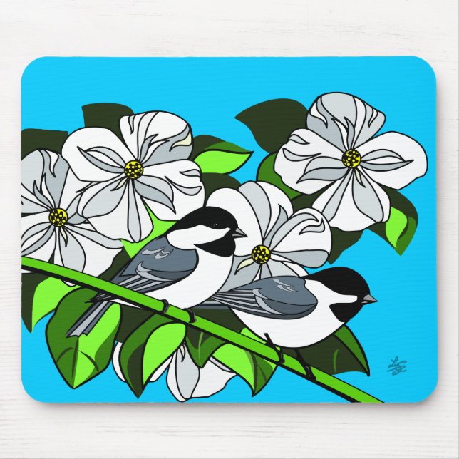 Chickadee Among Dogwood Flowers Mouse Pad (Front)