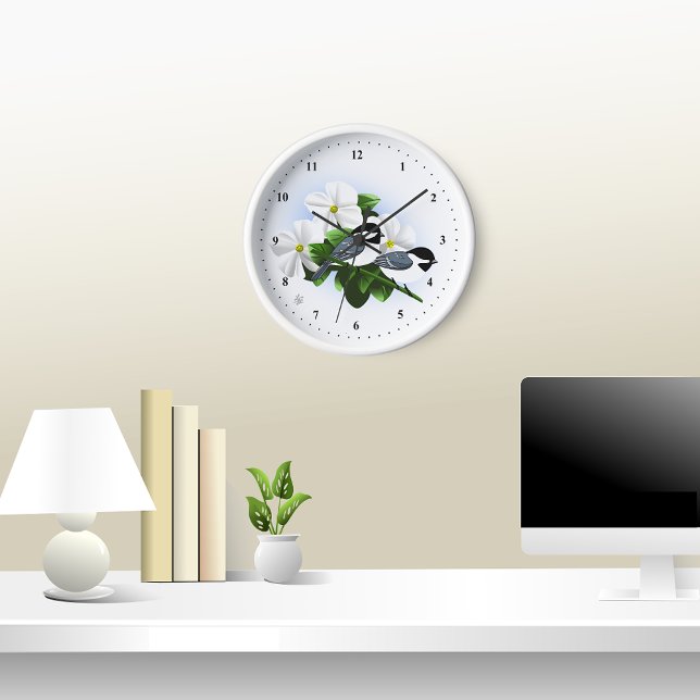 Chickadee And Flower Wall Clocks (Chickadee and Dogwood Clock Mockop)