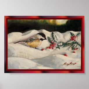 Chickadee and Mistletoe on Christmas Winter Snow P Poster