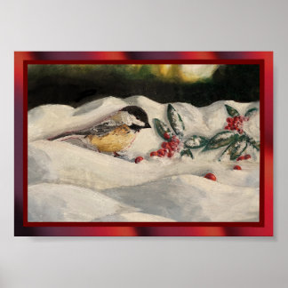 Chickadee and Mistletoe on Christmas Winter Snow Poster
