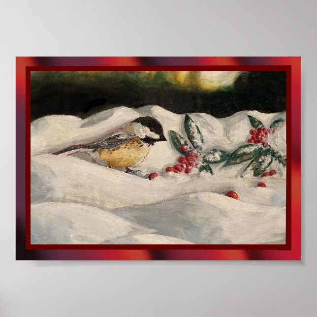 Chickadee and Mistletoe on Christmas Winter Snow Poster (Front)