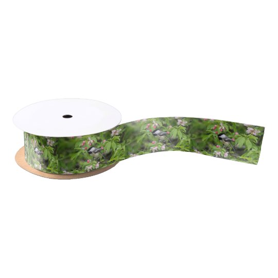 Chickadee and spring blossoms satin ribbon
