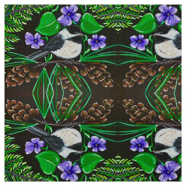 Chickadee and Violets Fabric (Swatch)