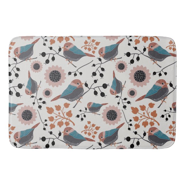 Chickadee Bird And Berry Pattern Floral Design Bath Mat (Front)
