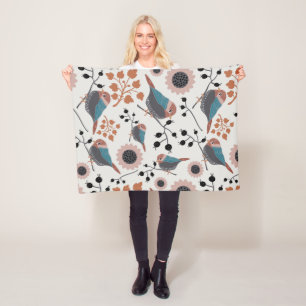 Chickadee Bird And Berry Pattern Floral Design Fleece Blanket