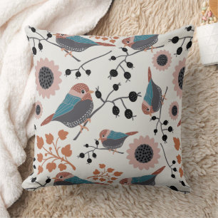 Chickadee Bird And Berry Pattern Floral Design Throw Pillow