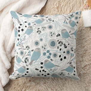 Chickadee Bird Blue Grey Pattern Throw Pillow