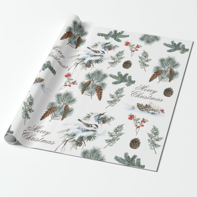 Chickadee Bird Evergreen Pinecone Merry Christmas  Wrapping Paper (Unrolled)