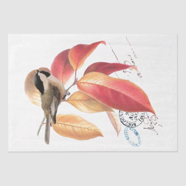 Chickadee Bird French Script Autumn Leaf Decoupage Tissue Paper (Front)