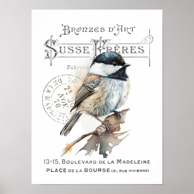 Chickadee Bird French Typography Vintage Printable Poster (Front)
