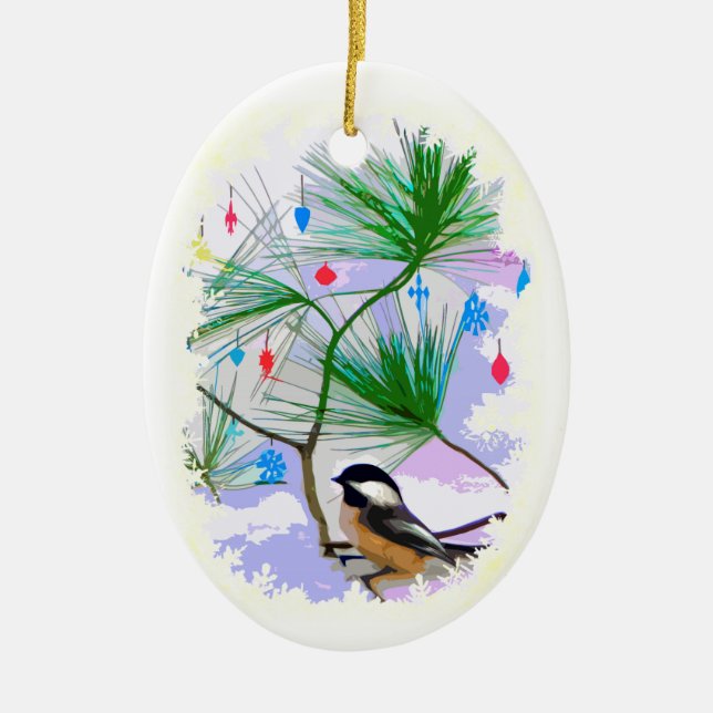 Chickadee Bird in Christmas Tree Ornament (Front)