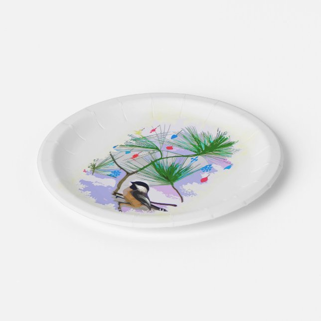 Chickadee Bird in Tree Paper Plates (Angled)