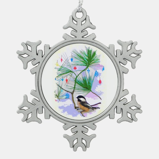 Chickadee Bird in Tree Pewter Snowflake Magnet Christmas Ornament (Front)