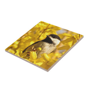 Chickadee Bird in Yellow Flowers Ceramic Tile
