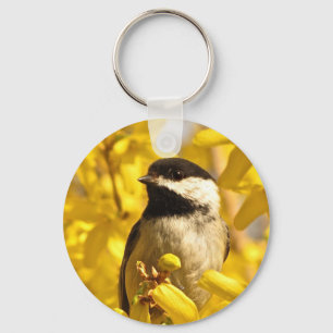 Chickadee Bird in Yellow Flowers Keychain