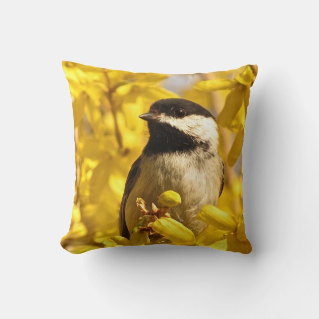 Chickadee Bird in Yellow Forsythia Flowers Pillow (Front)