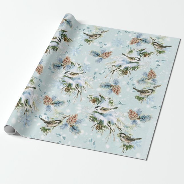 Chickadee Bird Snow Pinecone Woodland Christmas Wrapping Paper (Unrolled)