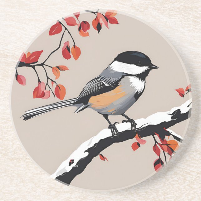 Chickadee Bird Tree Nature Art Orange Leaves Coaster (Front)
