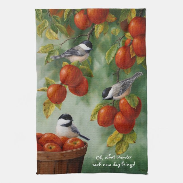 Chickadee Birds Apple Harvest Kitchen Towel (Vertical)