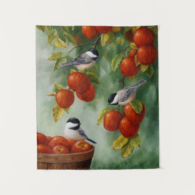 Chickadee Birds Apple Harvest Tapestry (Front)