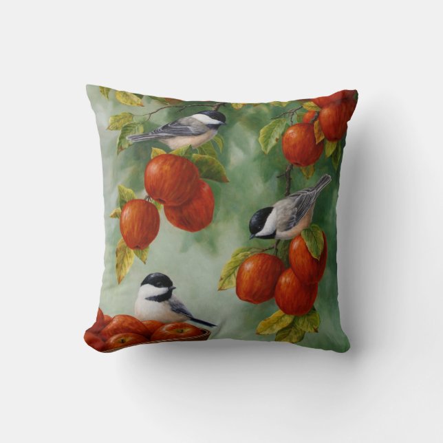 Chickadee Birds Apple Harvest Throw Pillow (Front)