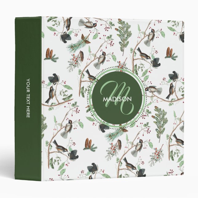 Chickadee Birds Berries & Pinecones Monogrammed Binder (Front/Spine)